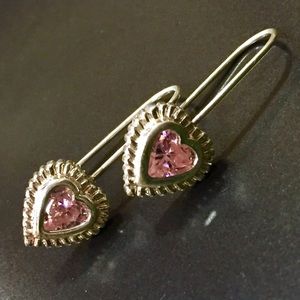 Pink CZ Heart and Sterling Silver Dangle Earrings